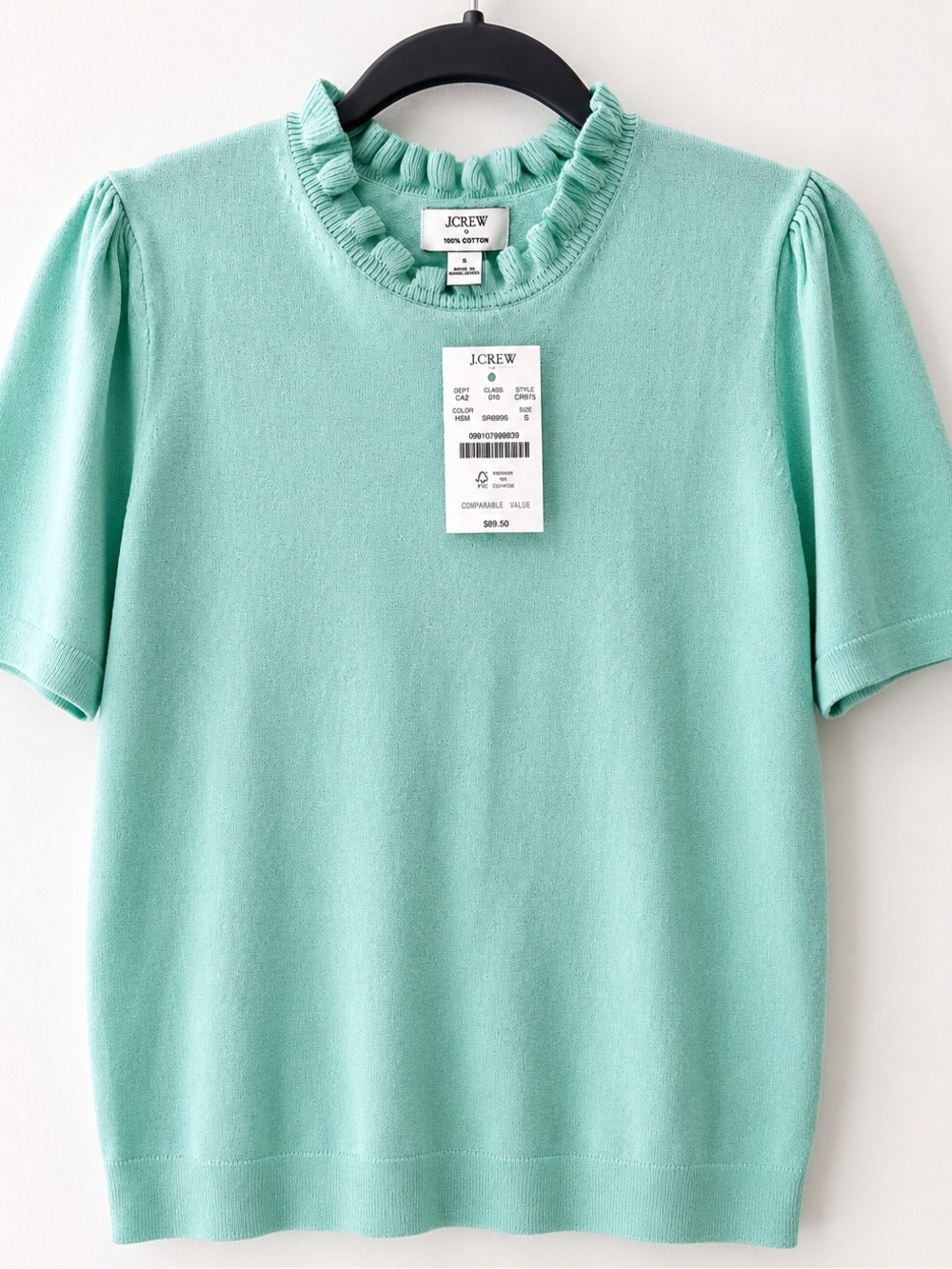 J.Crew NWT Mint Green Ruffle Neck Puff Sleeve Sweater Top 100% Cotton Small - Picture 1 of 3